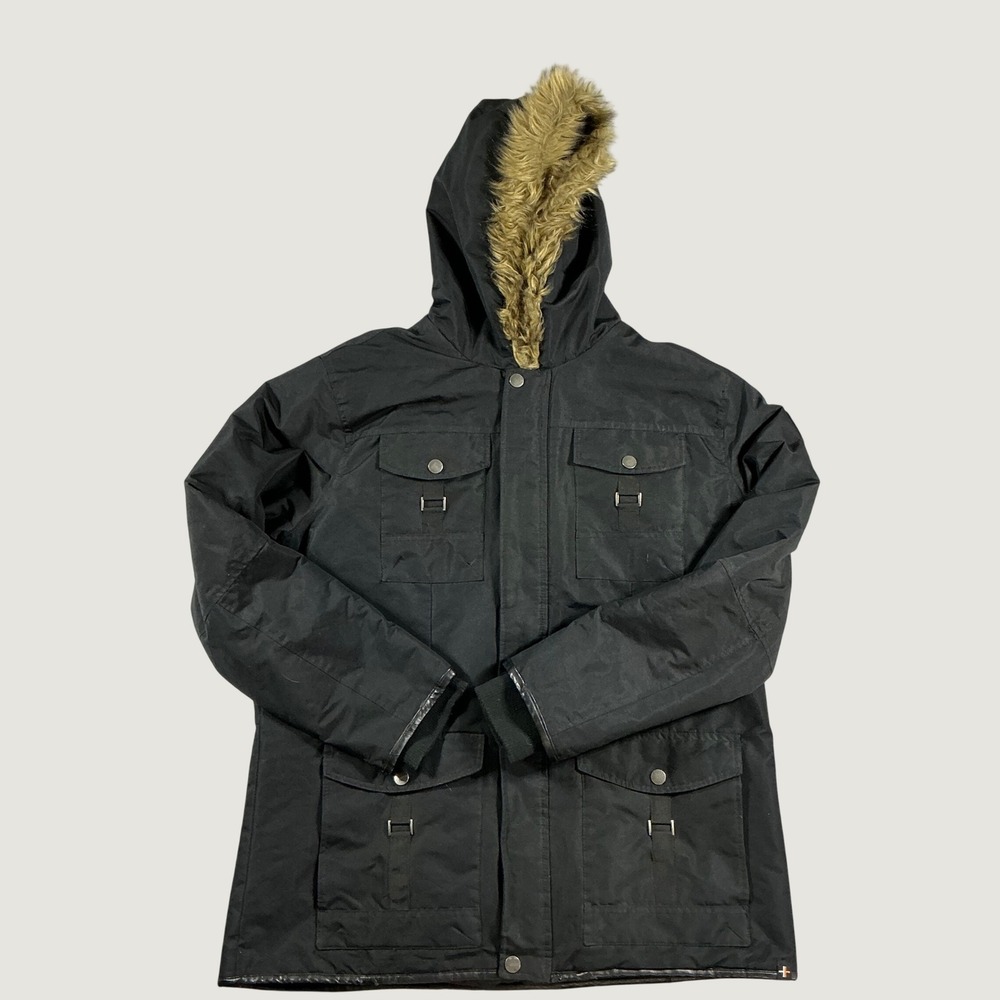 Surplus Thread Collective Mens XL Black Parka Jacket Faux Fur Hood Quilted Coat